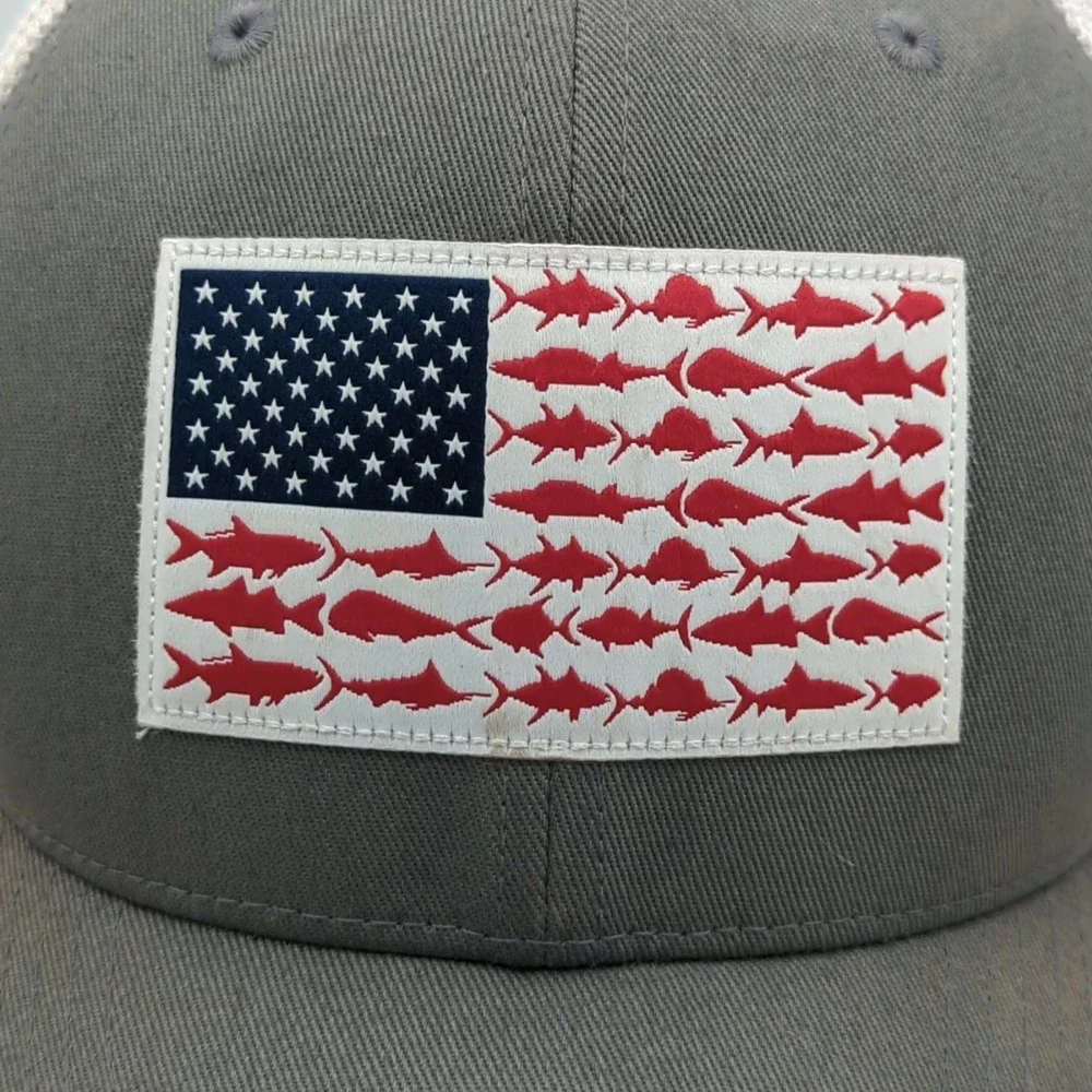Columbia PFG Fish USA Flag Fitted Flexfit Mesh Back Cap Hat One Size Gray